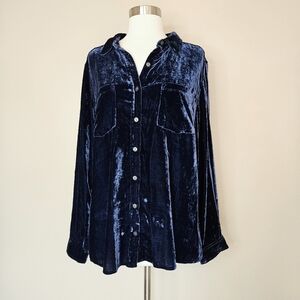 Sonoma Navy Blue Crushed Velvet Shirt Bottom Down Long Sleeve Luxe Top Tee Large